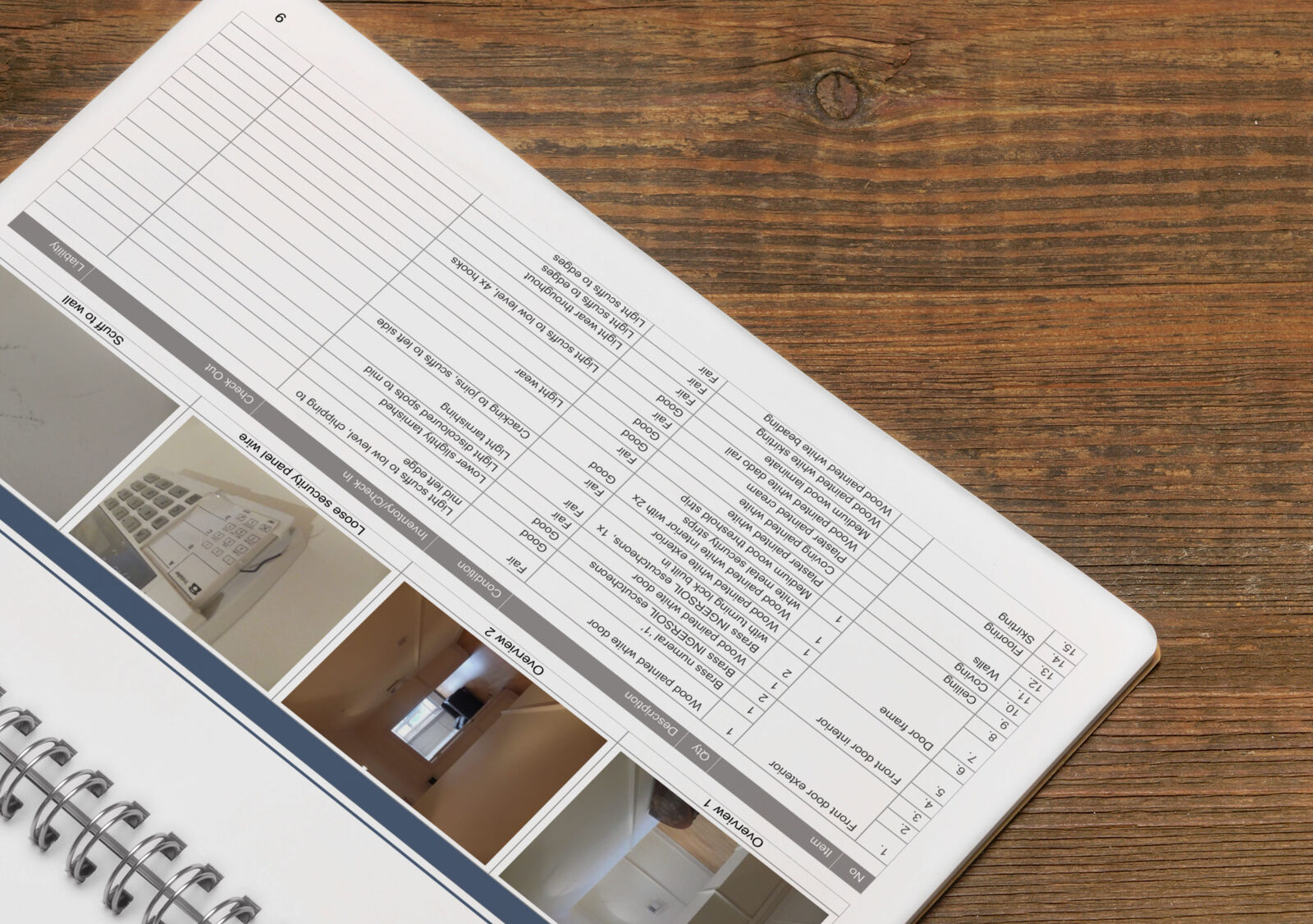 A page from an inventory report: each item and its condition described in a table, beside overview photographs of the room